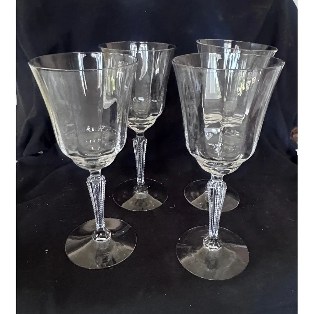 Set of 4 Vintage Crystal Wine Goblets Paneled Bowl Beaded Textured Stem 9in